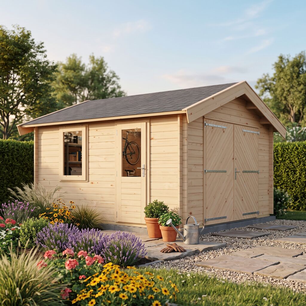 Echtes Handwerk: Robustes Blockhaus inkl. Garagentor - 400x400cm Bausatz zur Eigenmontage - Gartenhaus Janne