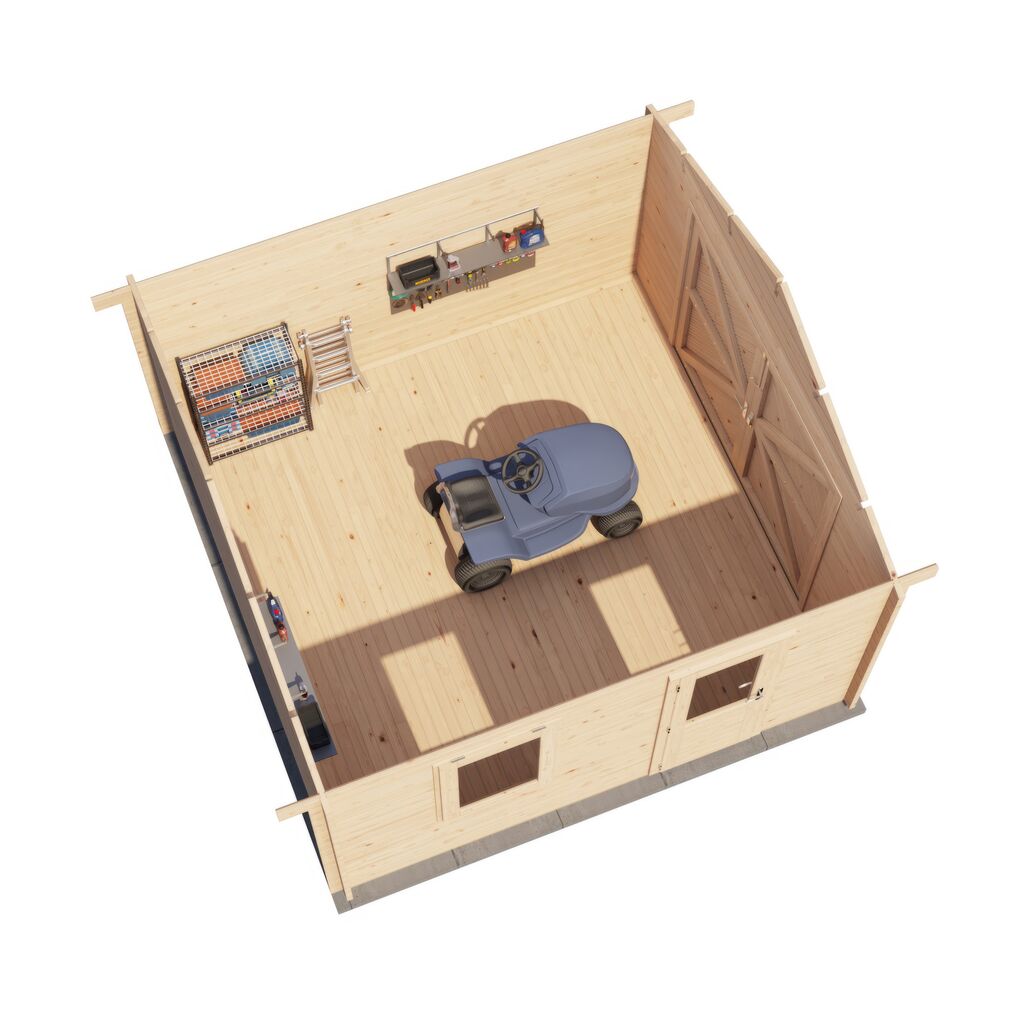 Echtes Handwerk: Robustes Blockhaus inkl. Garagentor - 400x400cm Bausatz zur Eigenmontage - Gartenhaus Janne